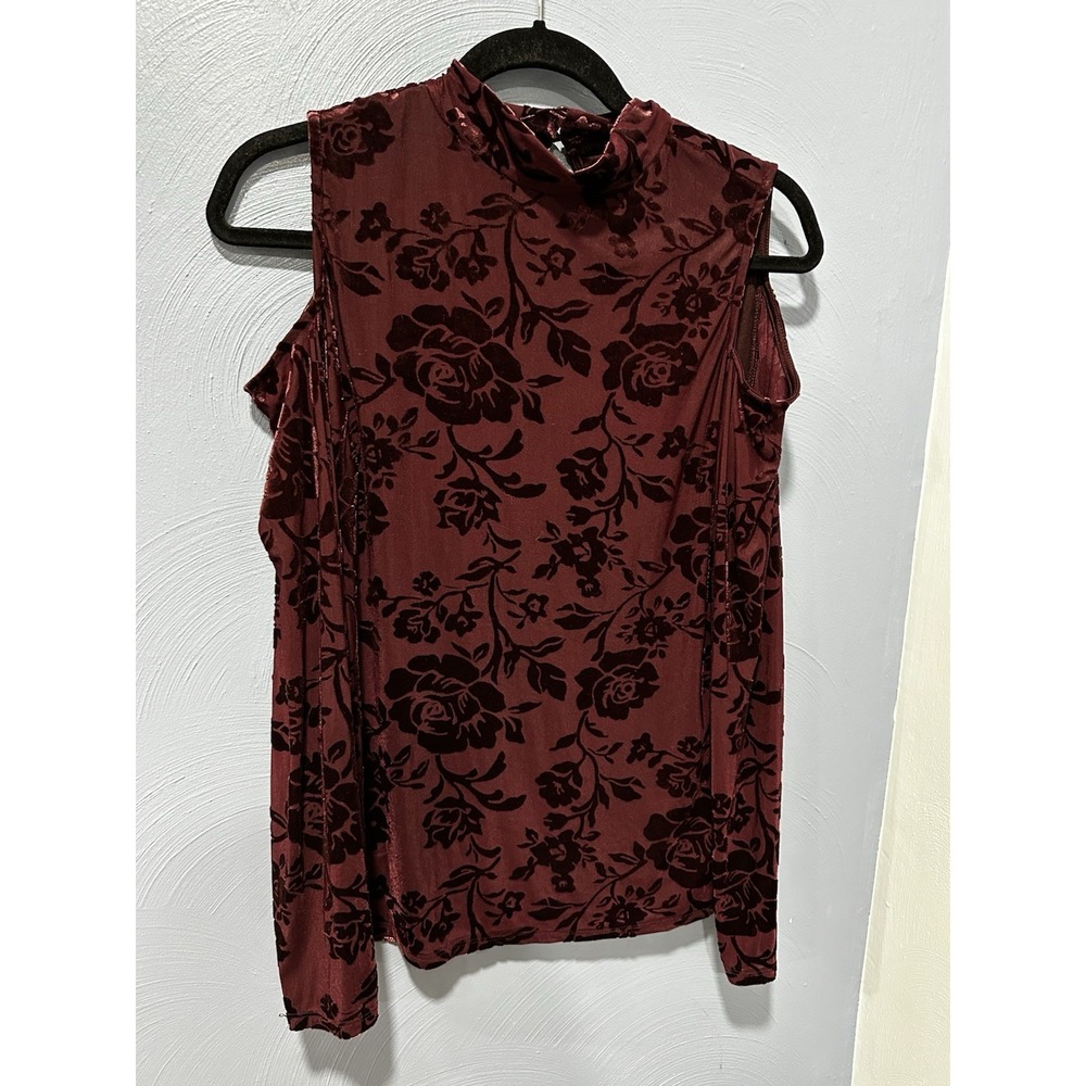 Burgundy Velvet Cold Shoulder Mock Neck Top Women's Christmas Whimsigoth Fairy